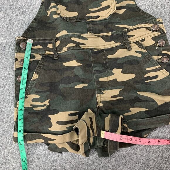 Forever 21 Camo Denim Overalls Womens 27 Cuffed Pockets Stretch Cotton Shortalls - Picture 6 of 11
